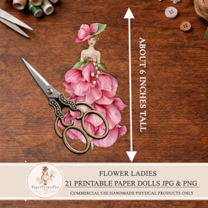 Printable paper dolls with flower dresses, women in bright botanical outfits, floral ephemera set for junk journal, scrapbooking, mixed media and collage projects, digital download includes JPG sheets and PNG cut files by PaperPrintsPro