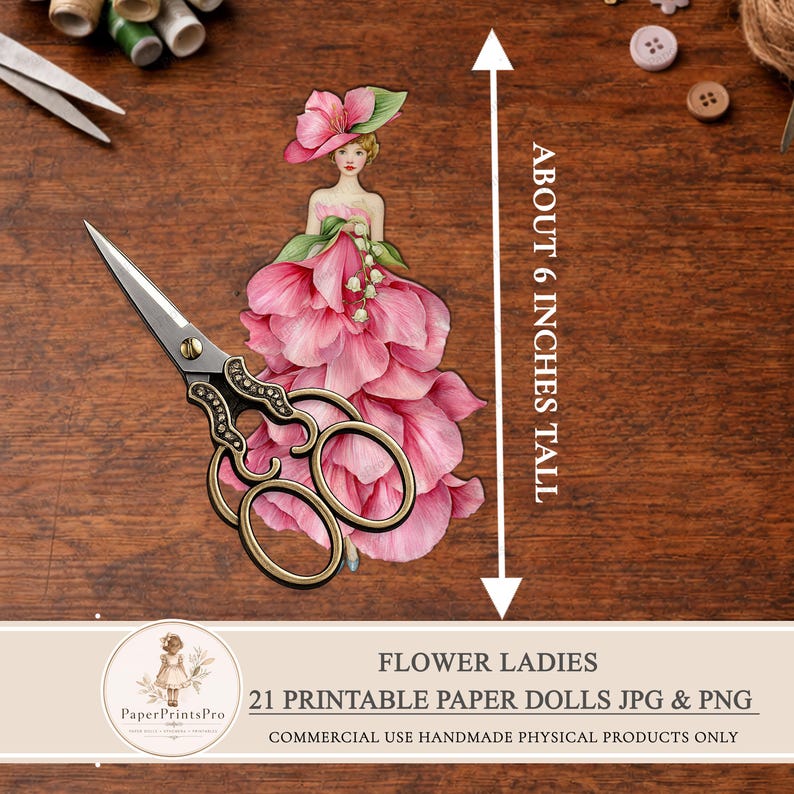 Printable paper dolls with flower dresses, women in bright botanical outfits, floral ephemera set for junk journal, scrapbooking, mixed media and collage projects, digital download includes JPG sheets and PNG cut files by PaperPrintsPro