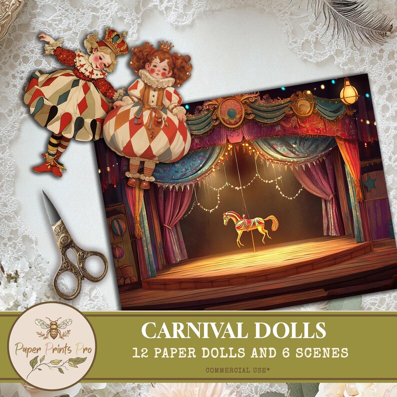 Paper Dolls - 12 Carnival-Themed Dolls and 6 Vintage Scenes for Junk Journals, Scrapbooking, and Puppet Stories