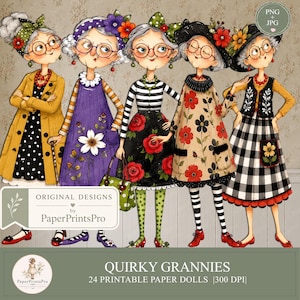 24 PNG Paper Dolls,  Printable Old Ladies , Quirky Grannies Clipart, Junk Journal, Scrapbooking, PaperPrintsPro