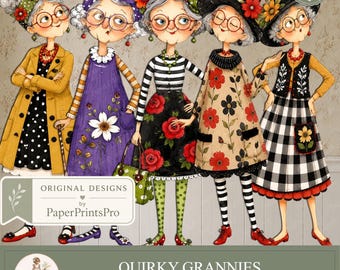 24 bonecas de papel em PNG, senhoras idosas para imprimir, clipart de vovós divertidas, diário de arte, scrapbooking, PaperPrintsPro