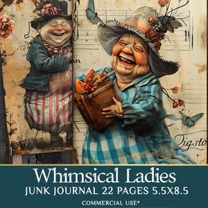 Whimsical Old Lady Journal Pages - 22 half page Funny Old Ladies - Quirky Grandy Clipart - PDF Download
