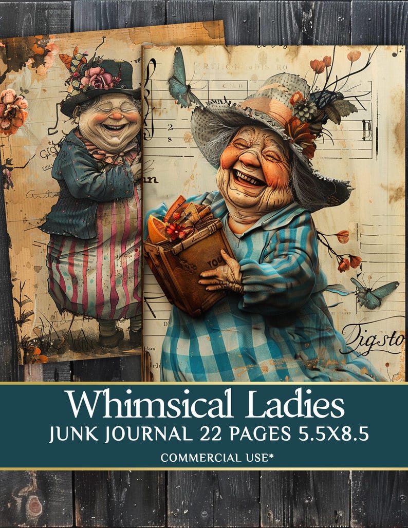Whimsical Old Lady Journal Pages - 22 half page Funny Old Ladies - Quirky Grandy Clipart - PDF Download