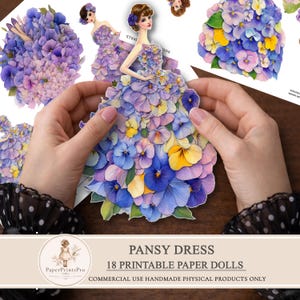 Printable paper dolls with pansy flower dress, floral ephemera for junk journal, vintage style paper doll clipart, fussy cuts for scrapbooking, detailed pansy petals gown, soft purple blue tones, printable cutout dolls for crafts, high resolution artwork by PaperPrintsPro