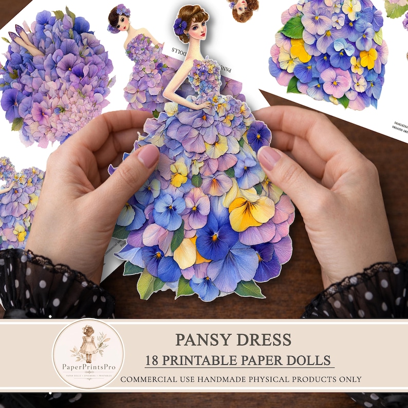 Printable paper dolls with pansy flower dress, floral ephemera for junk journal, vintage style paper doll clipart, fussy cuts for scrapbooking, detailed pansy petals gown, soft purple blue tones, printable cutout dolls for crafts, high resolution artwork by PaperPrintsPro
