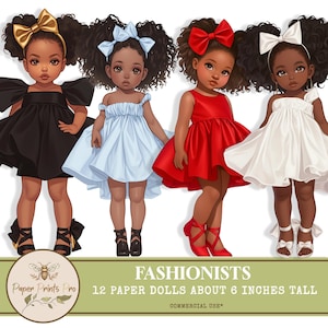 Printable Paper Dolls for Collage – 12 Fashionista Afro-American Cutouts (6 Inch) for DIY Projects by PaperPrintsPro