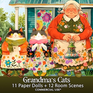 Printable Paper Doll Set – Cats and Grandma with Scenes for Collage and Journals – PaperPrintsPro