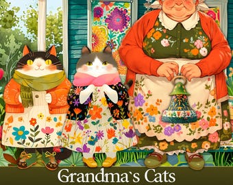 Printable Paper Doll Set – Cats and Grandma with Scenes for Collage and Journals – PaperPrintsPro
