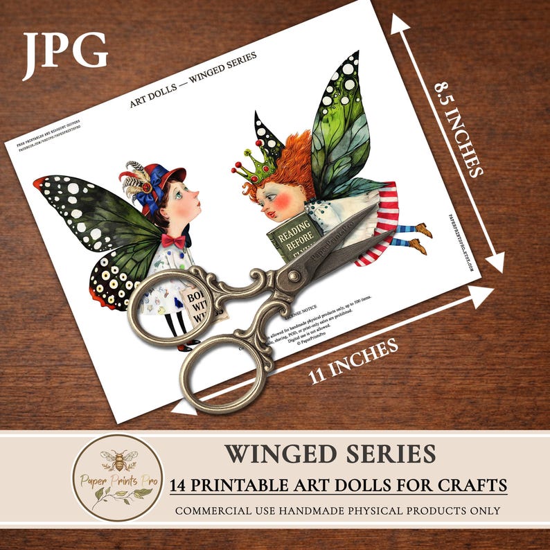 Printable paper dolls digital clipart featuring winged art characters inspired by fairy and butterfly aesthetics. This set includes unique illustrated art dolls designed for crafting, junk journals, scrapbooking, collage, and handmade physical projects. High-quality printable artwork suitable for personal use and limited commercial use in handmade crafts.