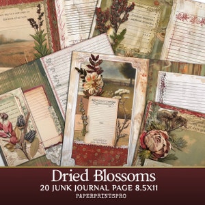 Junk Journal kit - old shabby ruled vintage pages with dried flowers for creativity - journaling, perfect for botanical nostalgic projects.
