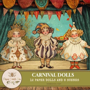 Paper Dolls - 12 Carnival-Themed Dolls and 6 Vintage Scenes for Junk Journals, Scrapbooking, and Puppet Stories