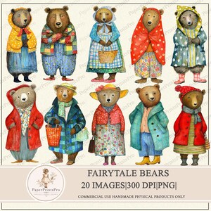 Fairytale Bears printable clipart by PaperPrintsPro, 20 PNG images, 300 DPI, whimsical anthropomorphic bears in vintage style clothing, floral dresses, scarves, coats and hats, colorful patterns, full body characters, hand painted look, perfect for junk journal, scrapbooking, collage, crafts, fussy cut, digital download for handmade projects