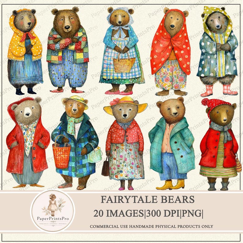 Fairytale Bears printable clipart by PaperPrintsPro, 20 PNG images, 300 DPI, whimsical anthropomorphic bears in vintage style clothing, floral dresses, scarves, coats and hats, colorful patterns, full body characters, hand painted look, perfect for junk journal, scrapbooking, collage, crafts, fussy cut, digital download for handmade projects
