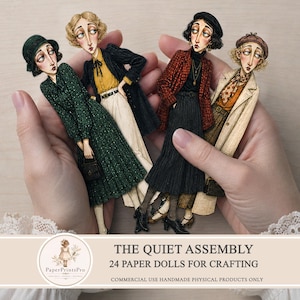 May include: Four paper dolls in vintage outfits are held in a person's hands. The dolls feature detailed illustrations of women in dresses, coats, and hats. The text "THE QUIET ASSEMBLY 24 PAPER DOLLS FOR CRAFTING" is visible.