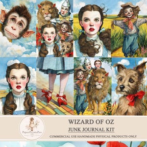 Puede incluir: Un collage de ilustraciones en acuarela con personajes de El Mago de Oz. Incluye a Dorothy, el León Cobarde, el Hombre de Hojalata, el Espantapájaros, un mono y un perro. También se ve el texto "WIZARD OF OZ JUNK JOURNAL KIT".