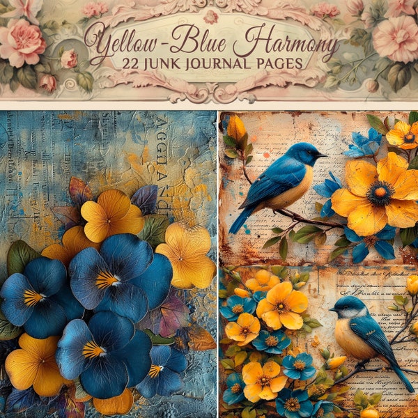 Digital scrap books kit: decoupage papers Birds And Flowers Yellow-Blue - scrap book paper, junkjournal ephemera A4