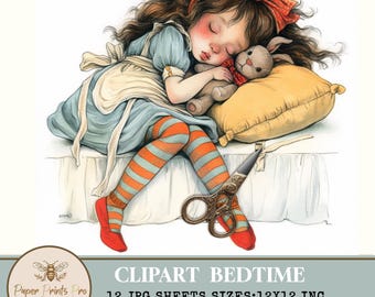 Printable Vintage Bedtime Clipart – Whimsical Sleepy Children 12x12 Inch Digital Paper for Scrapbook & Junk Journal Pages- Paper Prints Pro