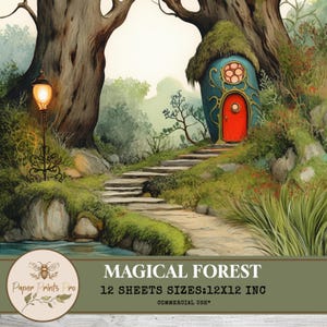 Magical Forest Fantasy Backgrounds - 12 Vintage Fairy Tale Digital clipart - Mushroom House & Enchanted Trees - Printable – PaperPrintsPro