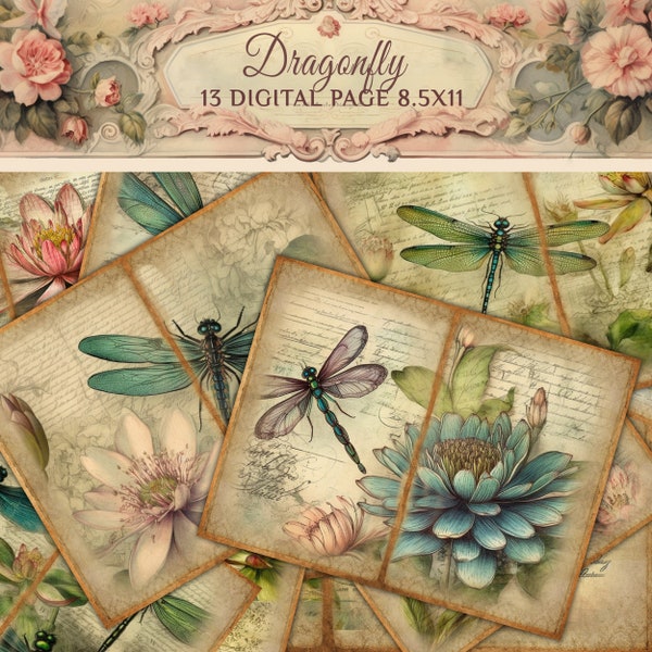 Dragonfly Junk Journal Printable with Vintage Ephemera - Digital Collage Kit for Creative Journaling