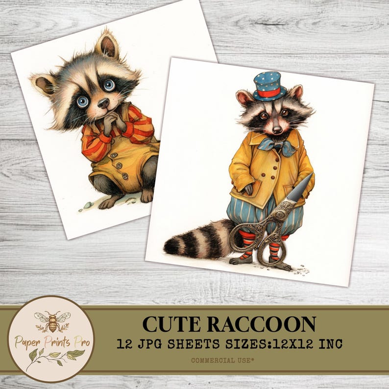 Cute Raccoon Clipart, Vintage Animal Illustration, 12 JPG Images, 12x12 Inch, for Scrapbooking & Crafts -Clip Art Paper Prints Pro
