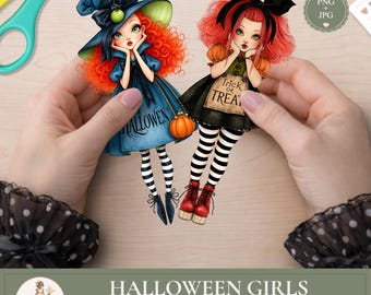 Halloween Paper Dolls , Trick or treat Girls Clipart, Witch , Scrapbook, Printable Ephemera, , PaperPrintsPro
