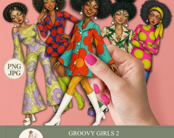 Funky Soul Girls Printable Paper Dolls, Black Woman Clipart, African American Art, Scrapbooking, PaperPrintsPro