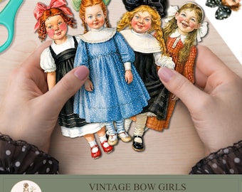 Vintage Little Girls Paper Dolls, Printable Children Clipart PNG, Junk Journal,  Bow Girls, PaperPrintsPro