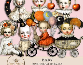 Junk Journal Ephemera – 28 Whimsical Baby Paper Dolls for Collage, Crafts and Mixed Media