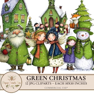 Vintage Green Christmas Clipart Bundle: Holiday Graphics (Digital Download, 12 JPGs, 300 DPI)