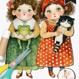 Whimsical printable paper dolls featuring charming girls holding animals including foxes, frogs, kittens, rabbits, ducks, geese, owls, goats, chickens, raccoons, piglets and more. Includes PNG files with transparent backgrounds and ready-to-print JPG pages. Storybook watercolor illustration style with soft vintage-inspired colors, designed for junk journals, scrapbooking, collage, handmade crafts and creative projects by PaperPrintsPro.