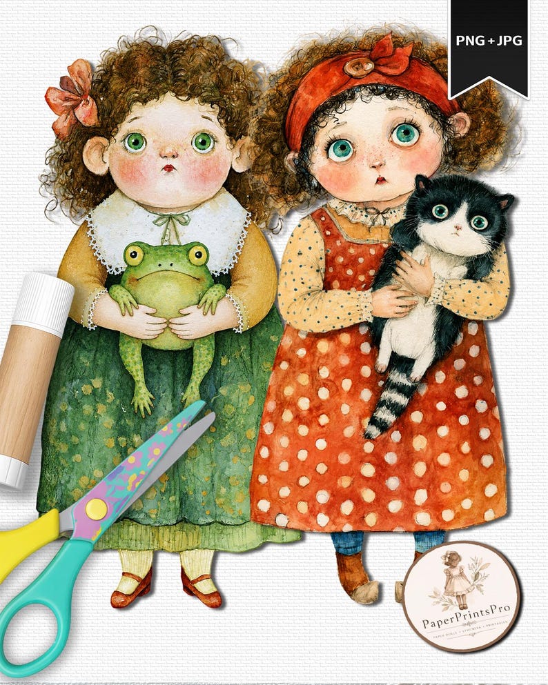 Whimsical printable paper dolls featuring charming girls holding animals including foxes, frogs, kittens, rabbits, ducks, geese, owls, goats, chickens, raccoons, piglets and more. Includes PNG files with transparent backgrounds and ready-to-print JPG pages. Storybook watercolor illustration style with soft vintage-inspired colors, designed for junk journals, scrapbooking, collage, handmade crafts and creative projects by PaperPrintsPro.