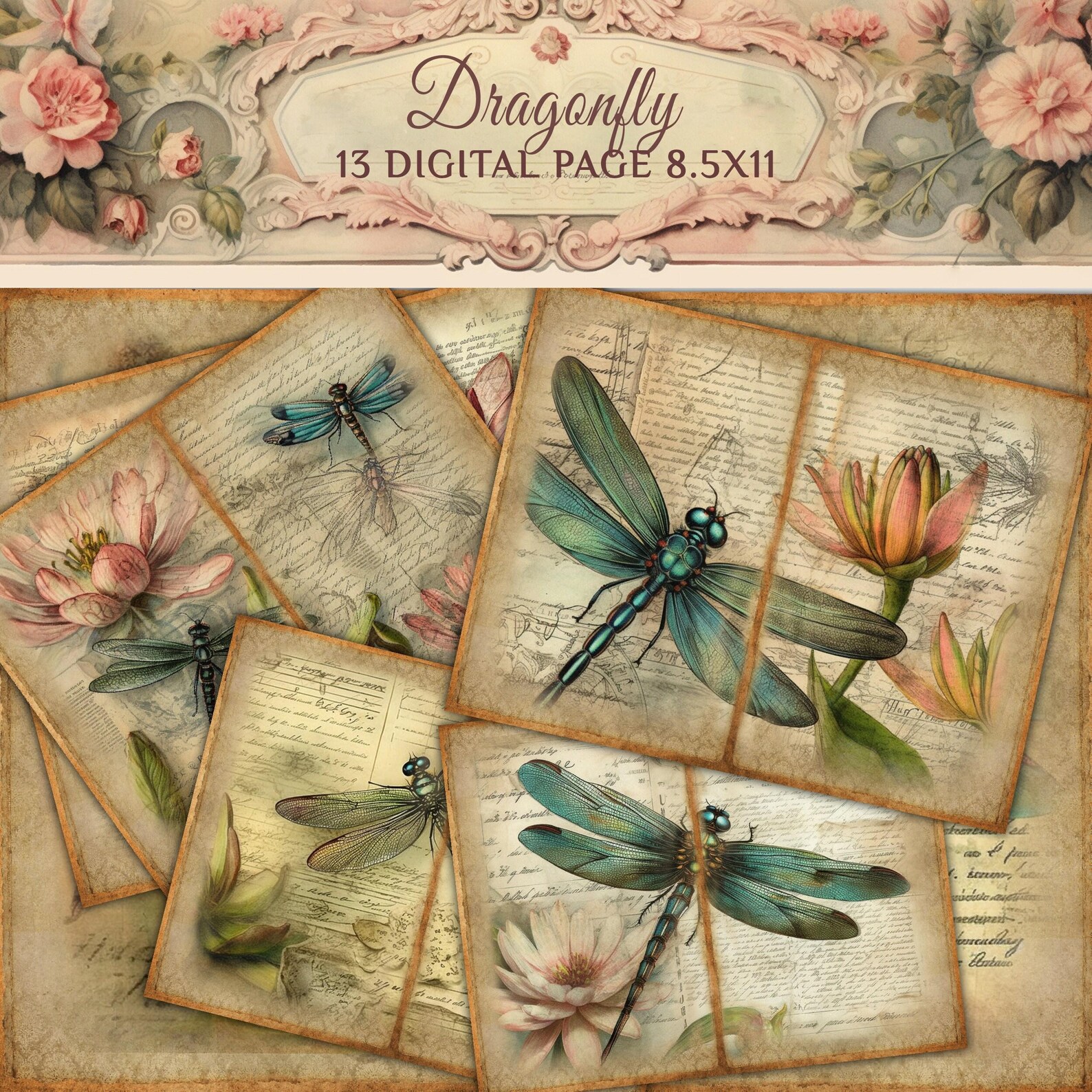 Dragonfly Junk Journal Printable -vintage Ephemera - Digital Collage ...