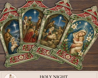 Nativity Clipart, Religious Christmas PNG, Holiday Ornaments, Holy Night, Sacred Garland, Vintage Ephemera, PaperPrintsPro