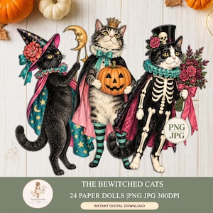 Könnte beinhalten: Drei illustrierte Katzen in Halloween-Kostümen. Eine schwarze Katze trägt einen sternenbedeckten Umhang und Hexenhut und hält einen Mondsichelstab. Eine getigerte Katze trägt Krone und Umhang und hält einen Kürbis. Eine Katze trägt ein Skelettkostüm.