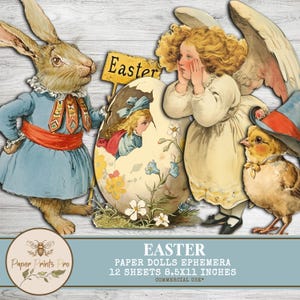 Ephemera Paper Dolls printable -"Easter" - Vintage DIY Cutouts: Bunnies, Angels, Girls, Eggs, Chicks -PaperPrintsPro