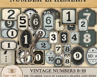 Printable Vintage Number Tags – Grunge Ephemera Labels in Black and Ivory Junk Journal – PaperPrintsPro