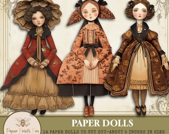14 Vintage Paper Dolls - Antique-Inspired Cutouts for Junk Journals with Commercial License