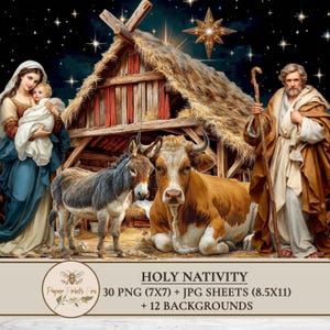 Holy Nativity clipart set with 30 PNG figures and matching JPG print sheets plus 12 backgrounds. Includes Holy Family, wise men, shepherds, angels, animals and Bethlehem star in vintage illustration style. Perfect printable ephemera for Christmas crafts, junk journal, card making and papercraft. Digital download by PaperPrintsPro.