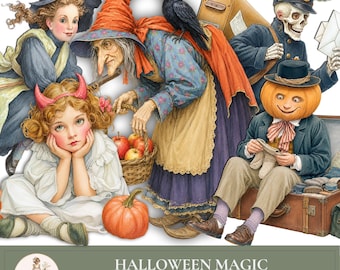 Halloween Clipart PNG, Vintage  Witches, Ghosts, Skeletons, Pumpkin Heads, Junk Journal, Scrapbooking, PaperDolls , PaperPrintsPro