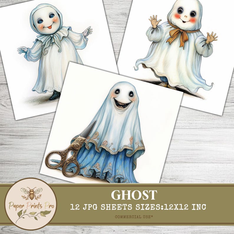 Vintage Ghost Clipart - 12 Digital JPG, 300 DPI for Scrapbooking, Junk Journals & Cards -Paper Prints Pro