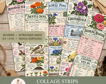Vintage-Blumencollagestreifen, Junk-Journal-Zubehör, Garten-Ephemera, Lesezeichen zum Ausdrucken, Etiketten, PaperPrintsPro