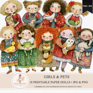 Whimsical printable paper dolls featuring charming girls holding animals including foxes, frogs, kittens, rabbits, ducks, geese, owls, goats, chickens, raccoons, piglets and more. Includes PNG files with transparent backgrounds and ready-to-print JPG pages. Storybook watercolor illustration style with soft vintage-inspired colors, designed for junk journals, scrapbooking, collage, handmade crafts and creative projects by PaperPrintsPro.