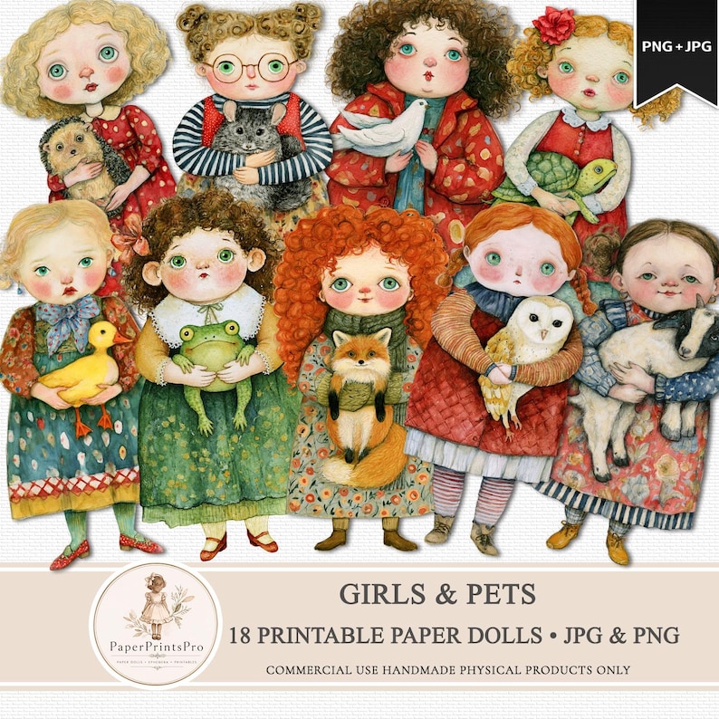 Whimsical printable paper dolls featuring charming girls holding animals including foxes, frogs, kittens, rabbits, ducks, geese, owls, goats, chickens, raccoons, piglets and more. Includes PNG files with transparent backgrounds and ready-to-print JPG pages. Storybook watercolor illustration style with soft vintage-inspired colors, designed for junk journals, scrapbooking, collage, handmade crafts and creative projects by PaperPrintsPro.