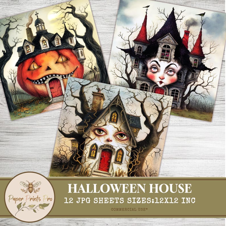Haunted House Backgrounds for Halloween | 12 Printable JPGs Spooky Digital Paper for Junk Journals, Scrapbooking, Cards - Paper Prints Pro