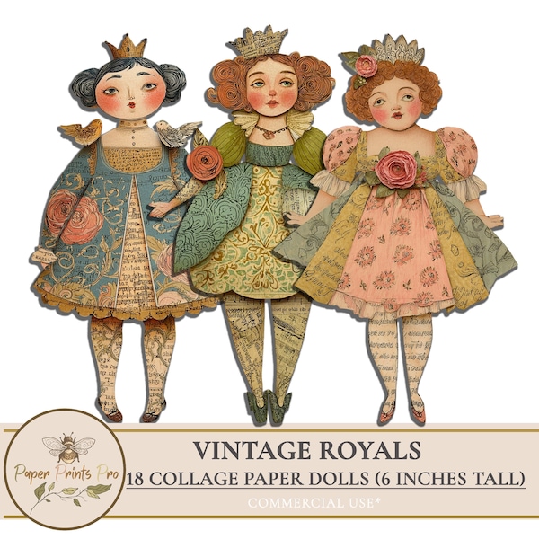 Conjunto de muñecas de papel vintage imprimibles: 18 muñecas Collage Queen para álbumes de recortes y manualidades - PaperPrintsPro