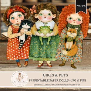 Whimsical printable paper dolls featuring charming girls holding animals including foxes, frogs, kittens, rabbits, ducks, geese, owls, goats, chickens, raccoons, piglets and more. Includes PNG files with transparent backgrounds and ready-to-print JPG pages. Storybook watercolor illustration style with soft vintage-inspired colors, designed for junk journals, scrapbooking, collage, handmade crafts and creative projects by PaperPrintsPro.
