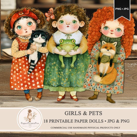 Paper Dolls, Girls & Pets, Printable PNG JPG , Clipart Bundle for Scrapbooking,  PaperPrintsPro