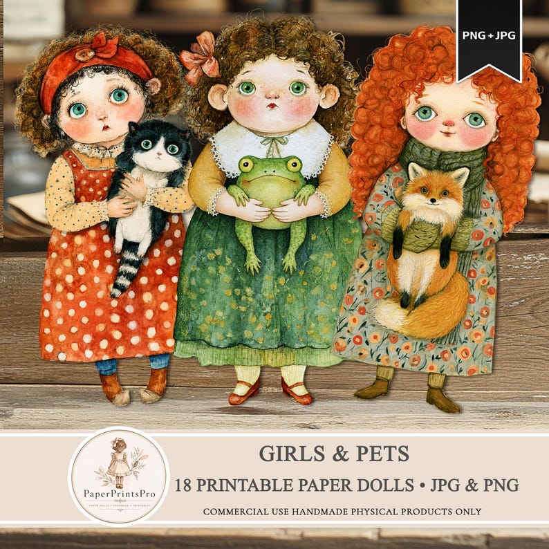 Whimsical printable paper dolls featuring charming girls holding animals including foxes, frogs, kittens, rabbits, ducks, geese, owls, goats, chickens, raccoons, piglets and more. Includes PNG files with transparent backgrounds and ready-to-print JPG pages. Storybook watercolor illustration style with soft vintage-inspired colors, designed for junk journals, scrapbooking, collage, handmade crafts and creative projects by PaperPrintsPro.