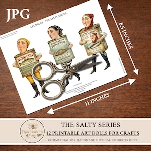 Printable paper dolls set by PaperPrintsPro featuring 12 vintage fish character dolls inspired by retro sardine tins. Includes expressive illustrated paper dolls, vintage advertising ephemera labels, and decorative background papers. Designed for printing and cutting, ideal for junk journals, scrapbooking, handmade paper crafts, and mixed media projects. Digital download only.
