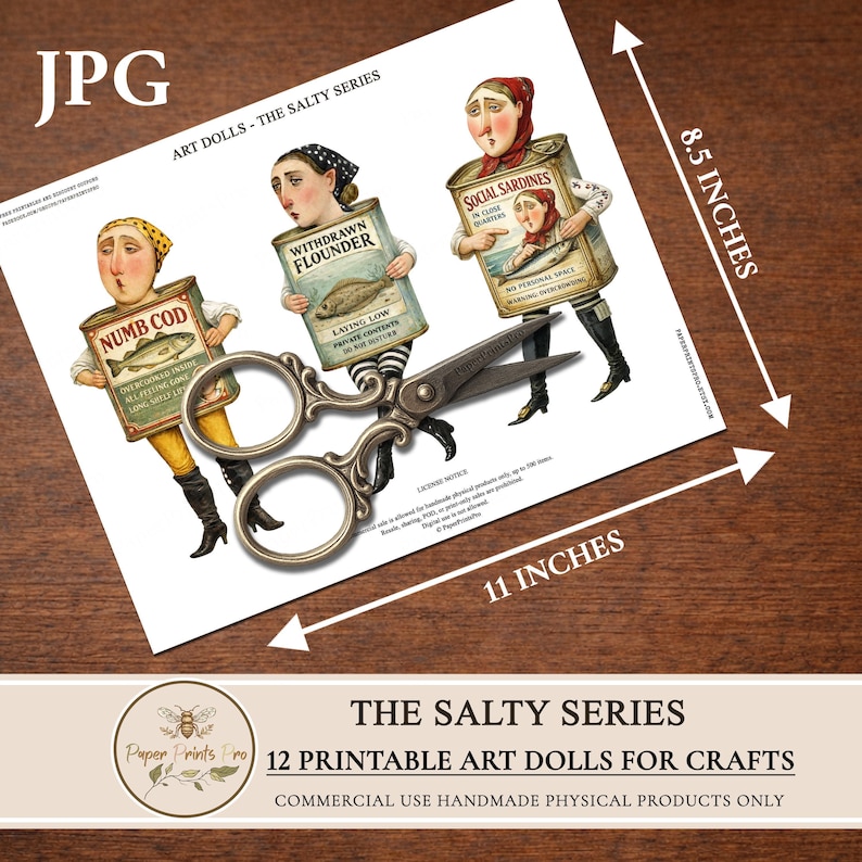 Printable paper dolls set by PaperPrintsPro featuring 12 vintage fish character dolls inspired by retro sardine tins. Includes expressive illustrated paper dolls, vintage advertising ephemera labels, and decorative background papers. Designed for printing and cutting, ideal for junk journals, scrapbooking, handmade paper crafts, and mixed media projects. Digital download only.